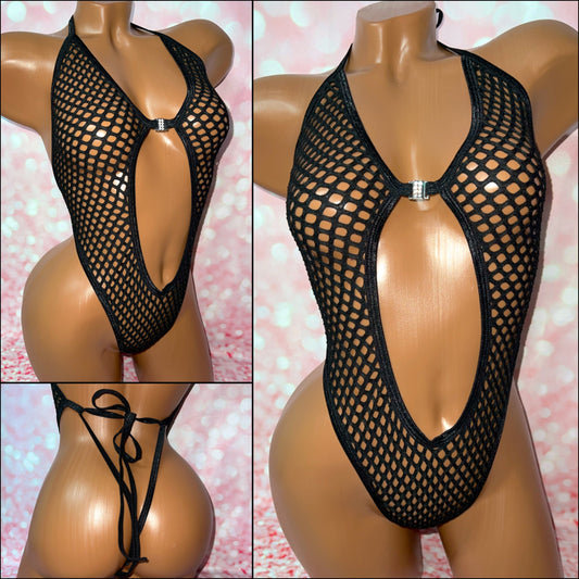 Diamond Mesh Open Front One Piece - Multiple Options