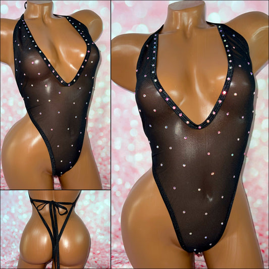Sheer Mesh Rhinestone One Piece