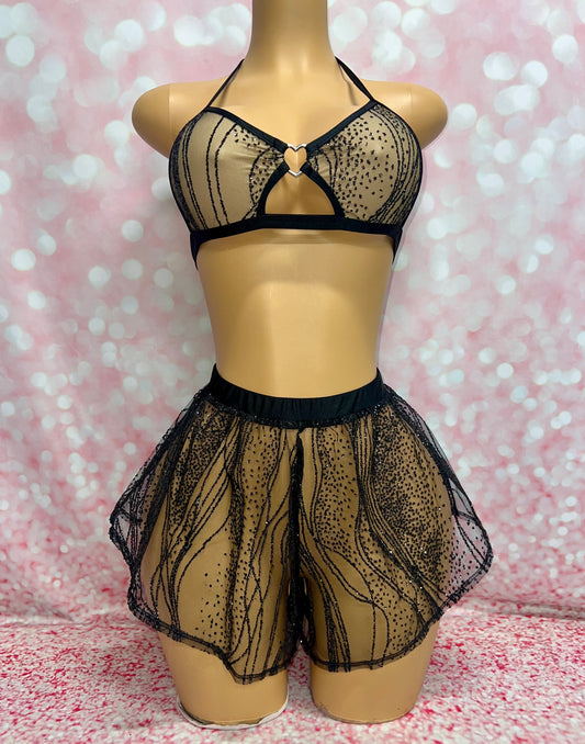 Wave Glitter Mesh Top Black/Black