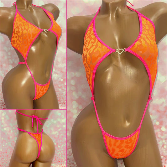 Neon Orange Leopard Diamond Sling