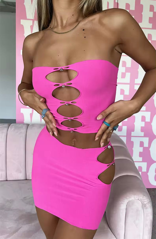 Stretch Crop Skirt Set Pink