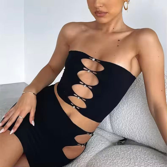 Stretch Crop Skirt Set Black