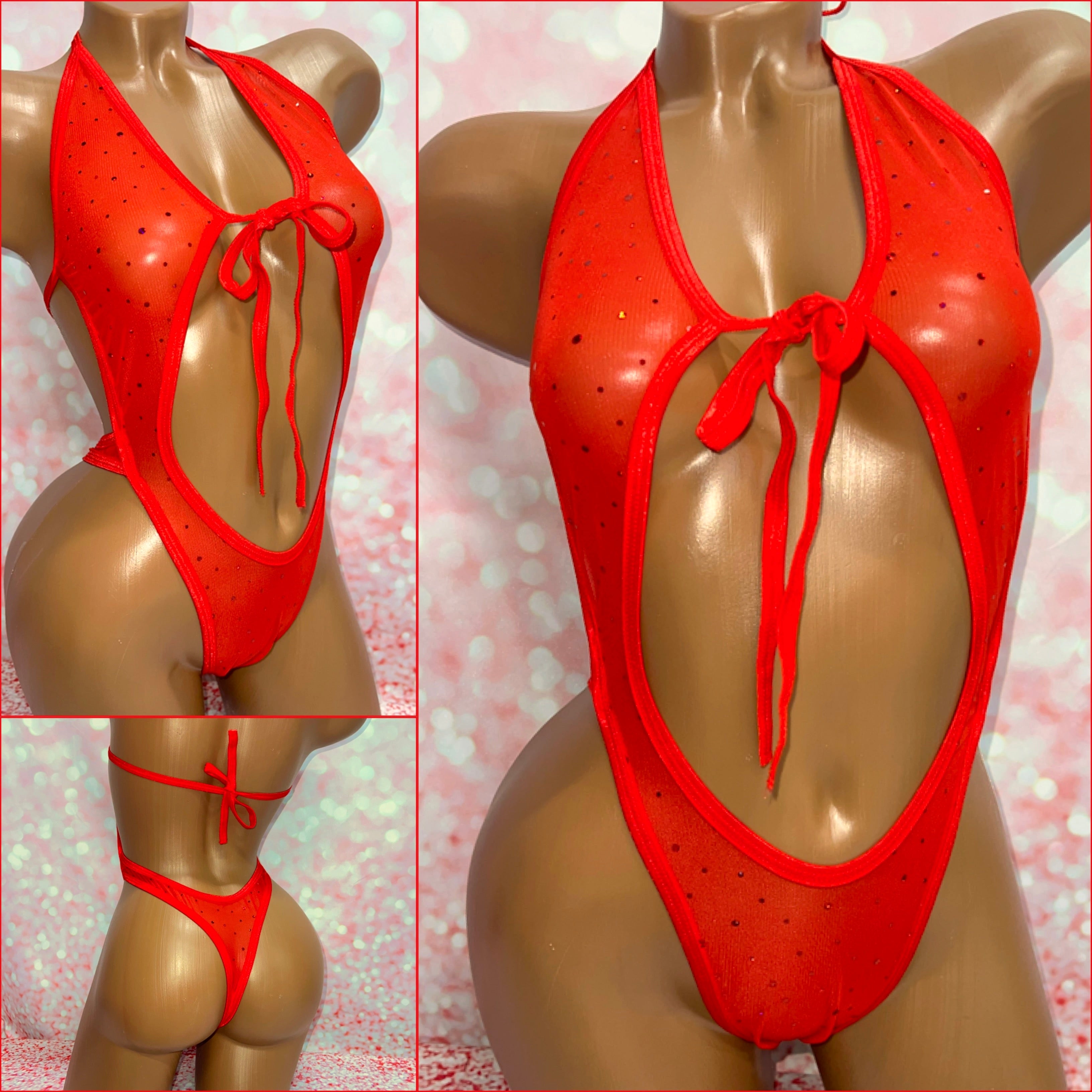 Red Sparkle Mesh Tie Front Bodysuit