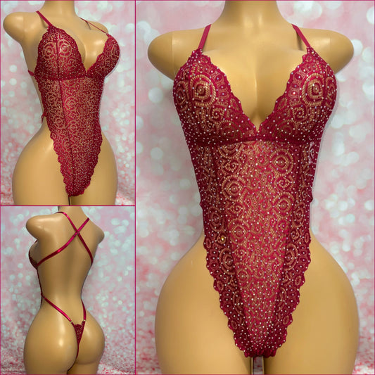 Wine Lace Rhinestone Bodysuit