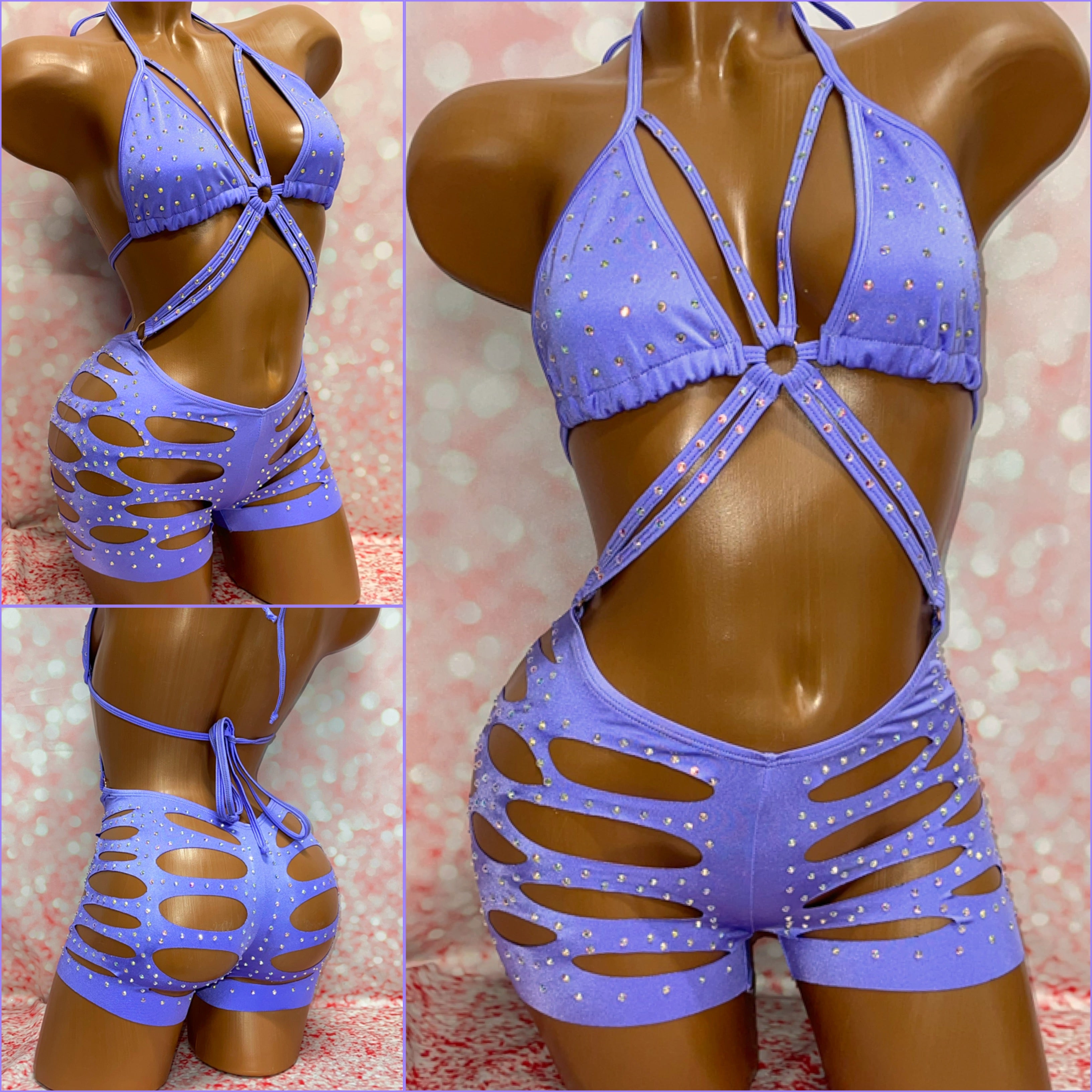 Purple Rhinestone Cut Shorts Romper