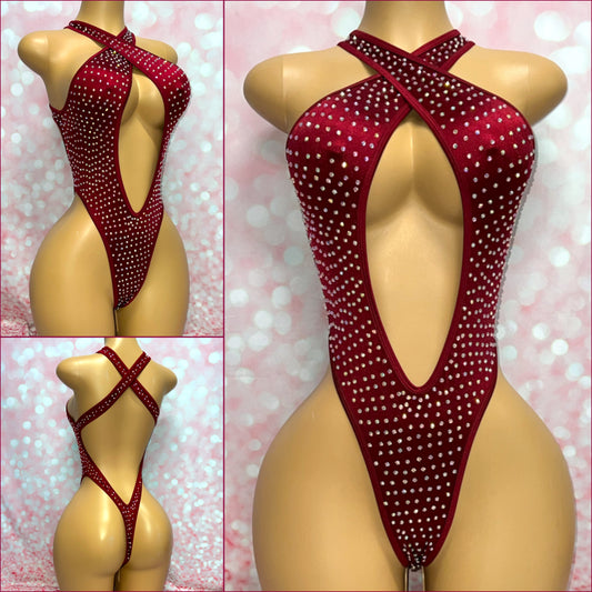 Rhinestone Cross Over One Piece Burgundy