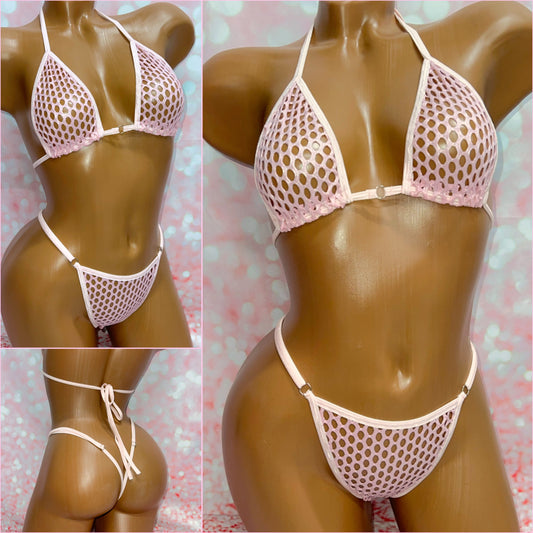 Metallic Baby Pink Diamond Mesh Bikini