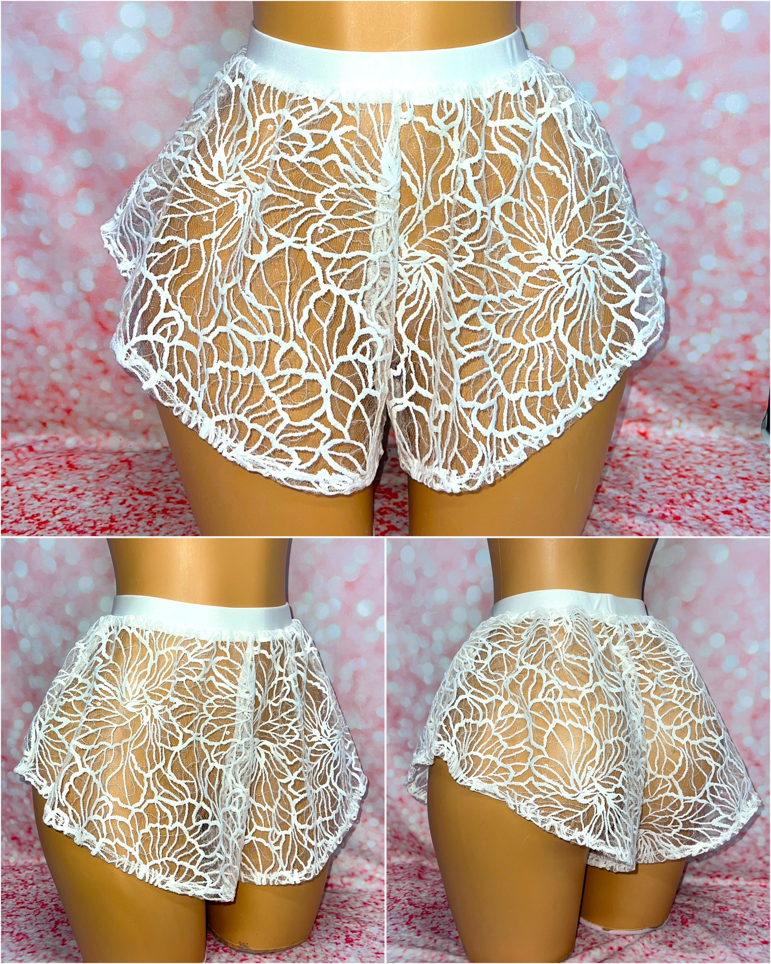 White Flower Sequin Mesh Shorts