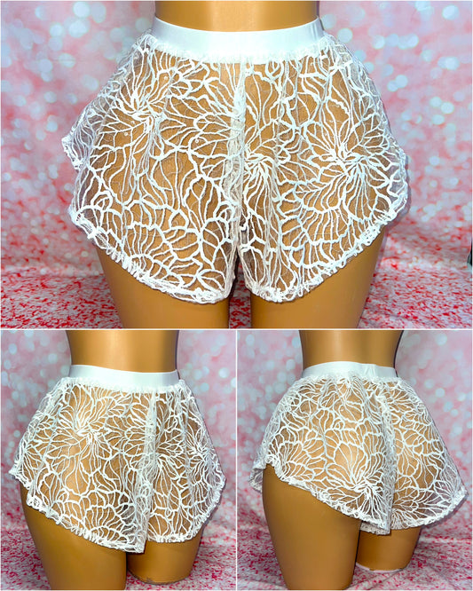 White Flower Sequin Mesh Shorts