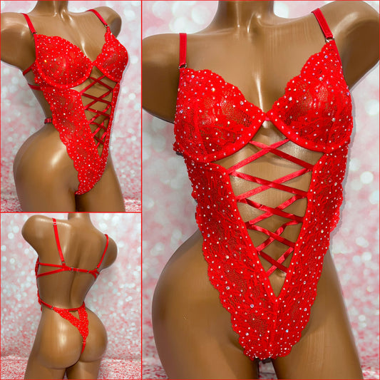 Rhinestone Lace Teddy Red