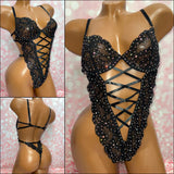 Rhinestone Lace Teddy Black