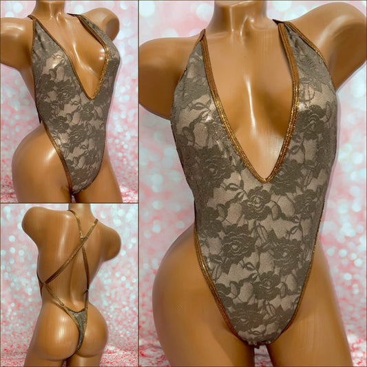 Chocolate Metallic Lace One Piece