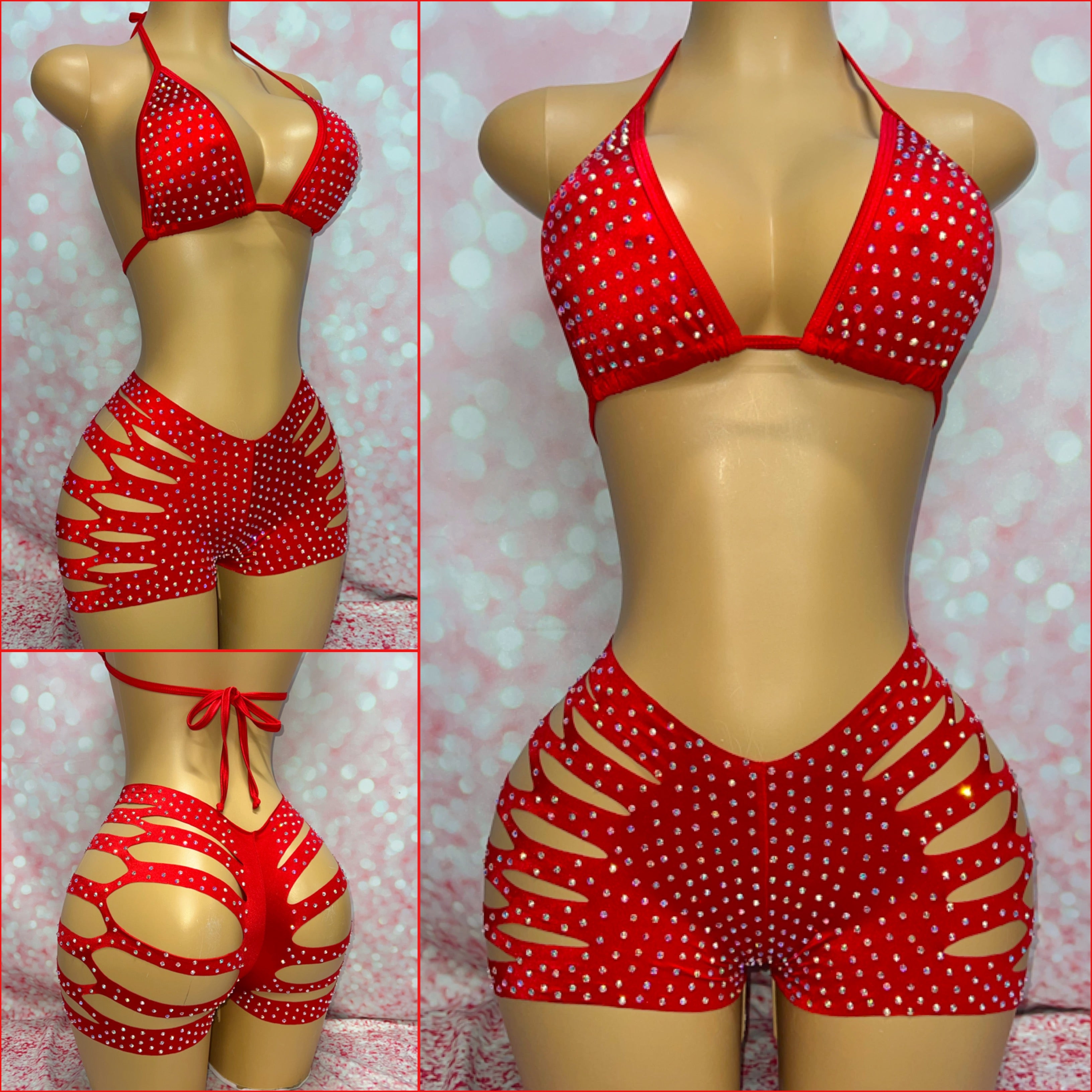 Rhinestone Cut Shorts Set Red