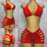 Rhinestone Cut Shorts Set Red