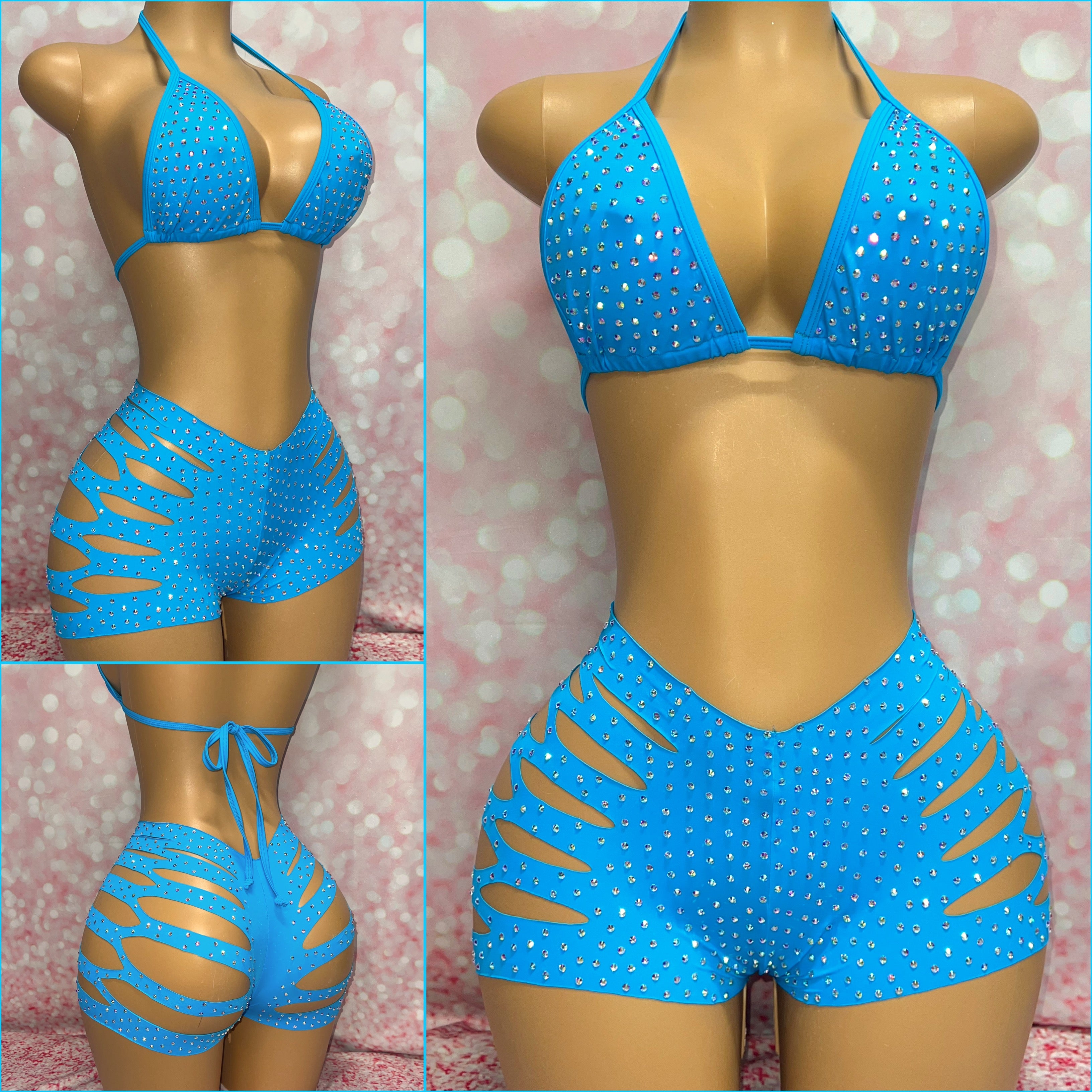 Rhinestone Cut Shorts Set Blue