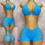 Rhinestone Cut Shorts Set Blue