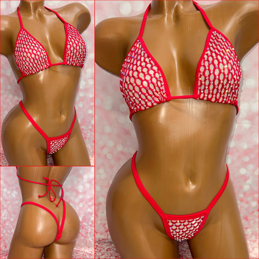 Diamond Mesh Bling Bikini Red