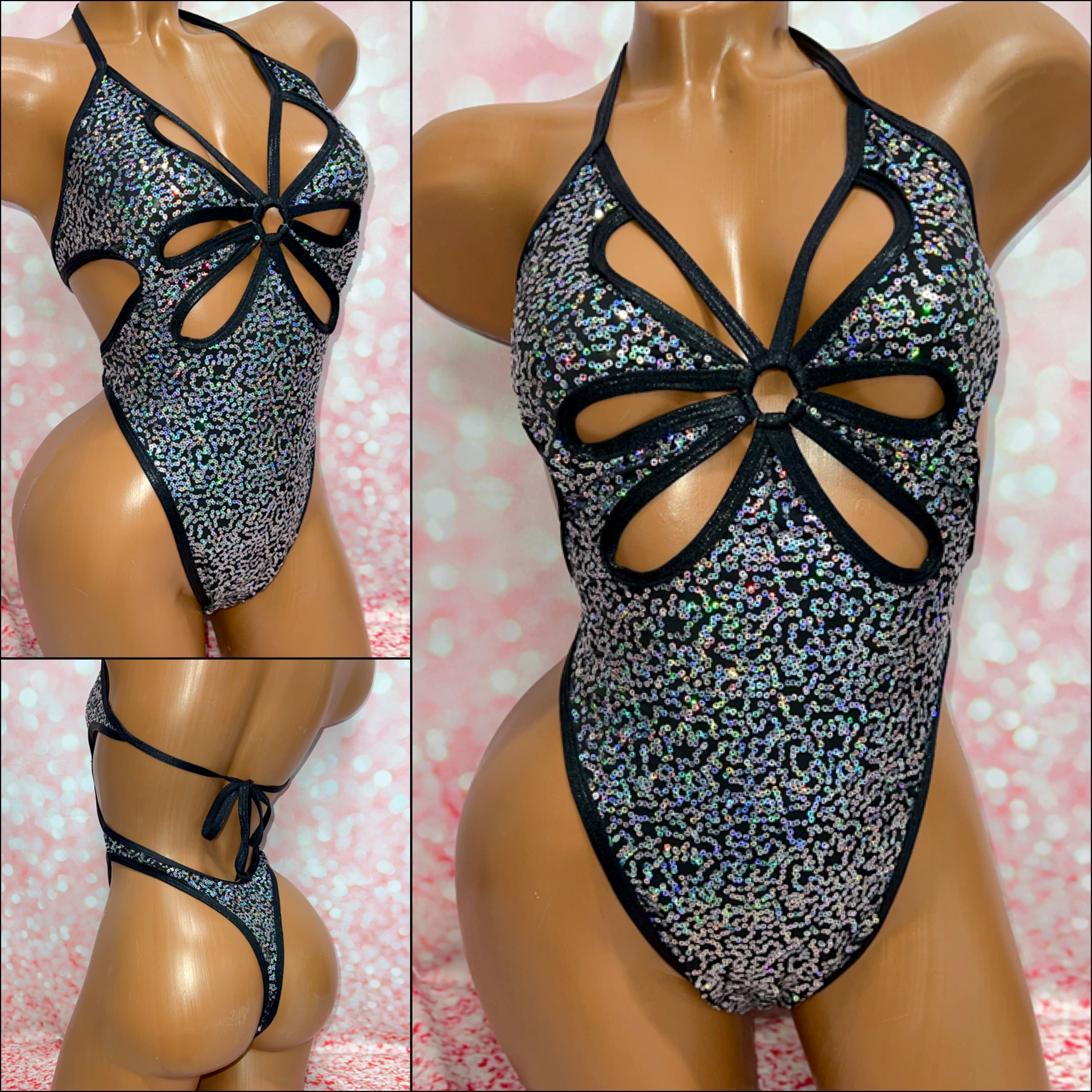 Silver Holo Sequin Cut Out One Piece