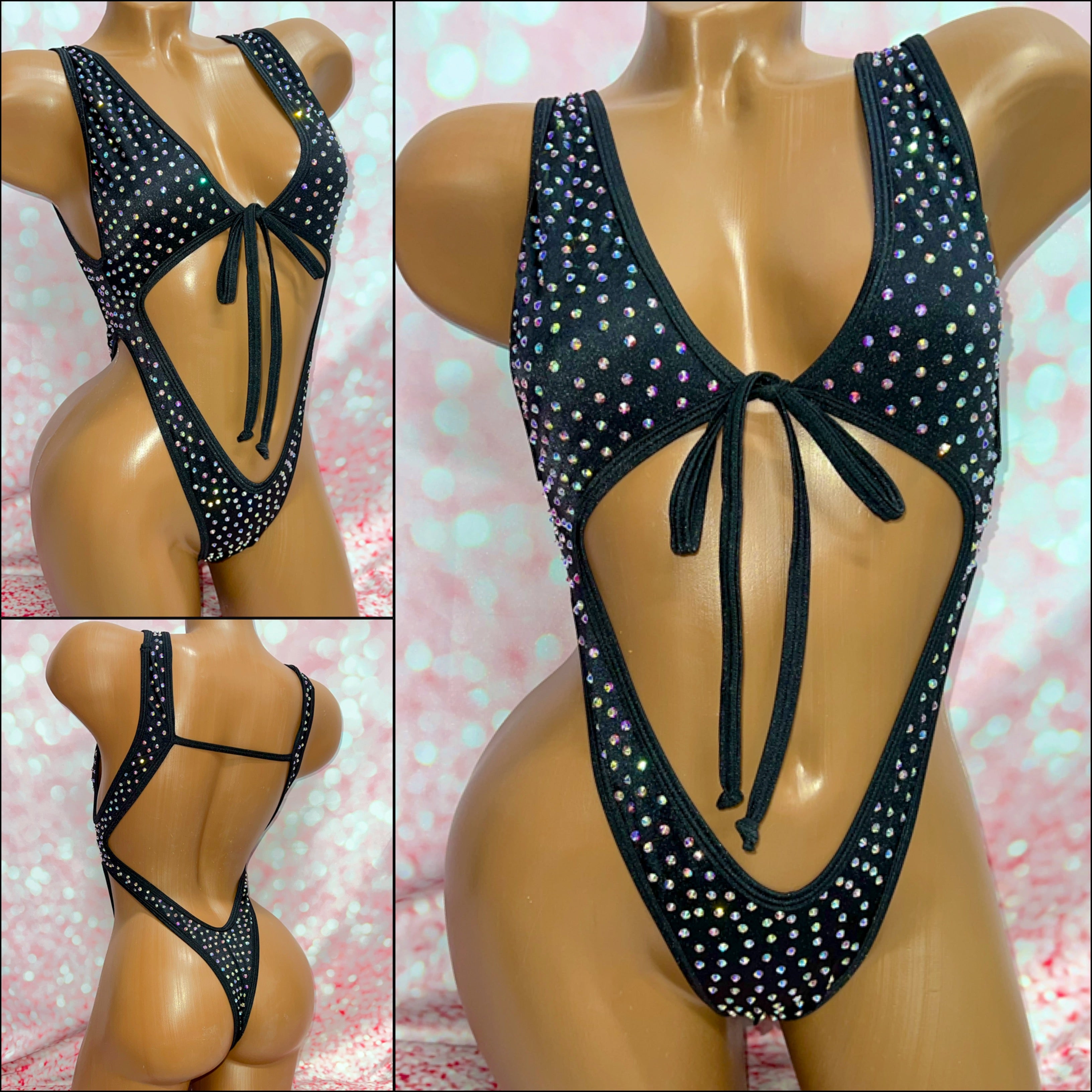 Rhinestone Tie Front Bodysuit Black