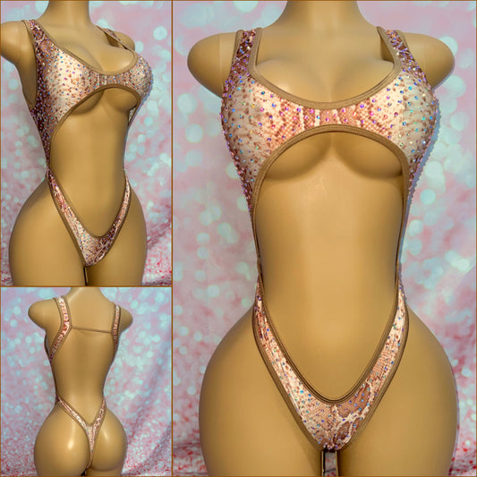 Rhinestone Cut Out Bodysuit Brown Snake