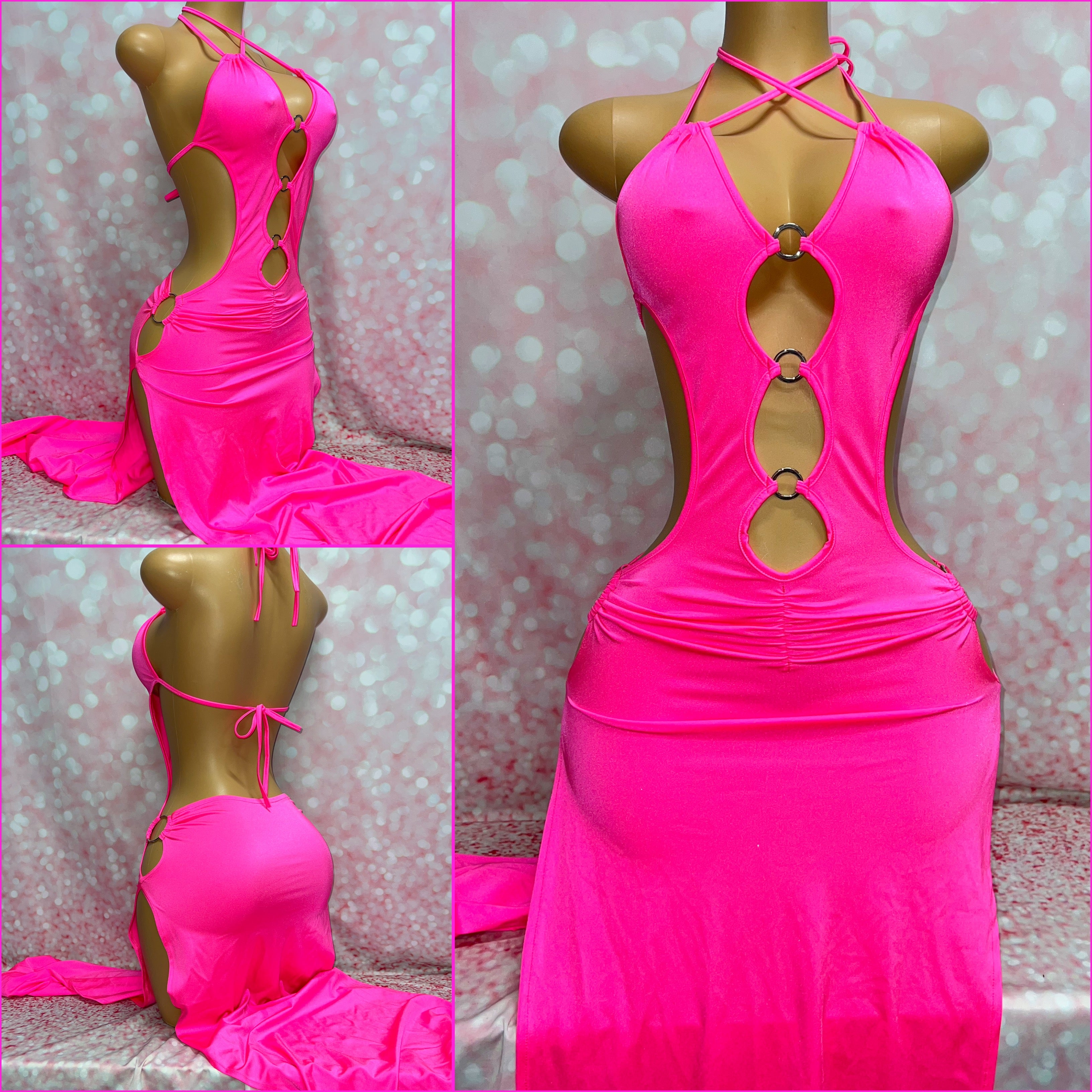 Neon Pink O-Ring Thigh Split Gown