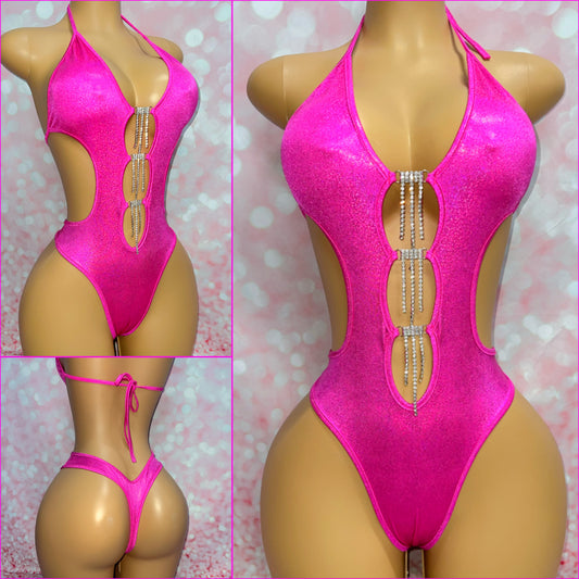 Dangle Cut Out Bodysuit Hot Pink