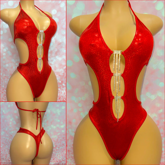 Dangle Cut Out Bodysuit Red