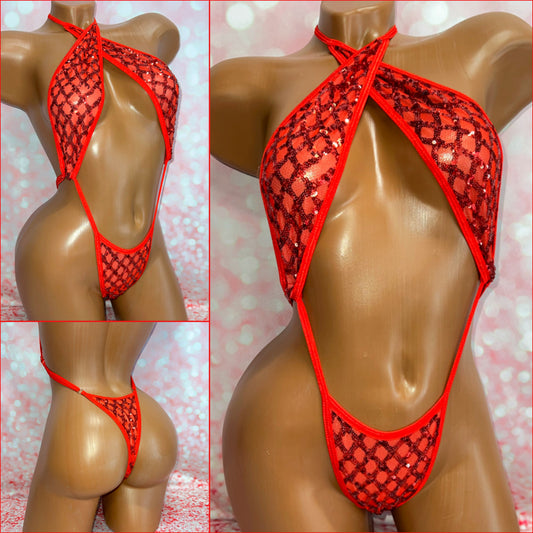 Red Diamond Sequin Mesh Slingshot