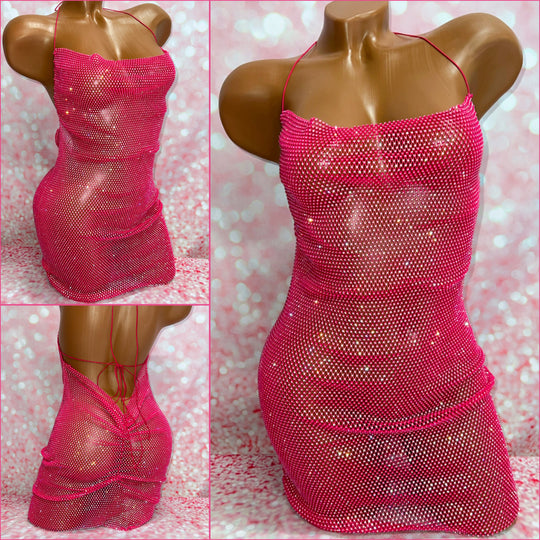 Rhinestone Mesh Mini Dress Pink