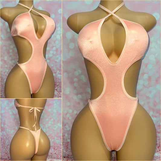 Peach Metallic Lycra Cut Out One Piece