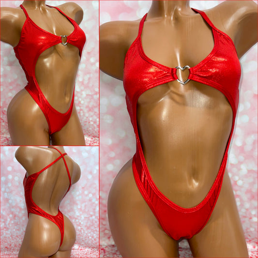 Metallic Red Open Front One Piece