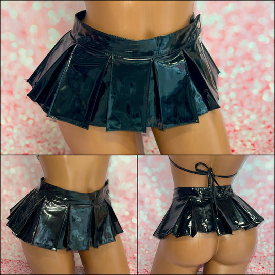 Black Vinyl Pleated Mini Skirt
