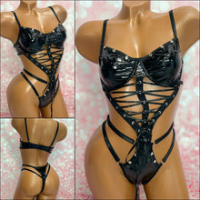 Load image into Gallery viewer, Black Vinyl Lace Up Bodysuit