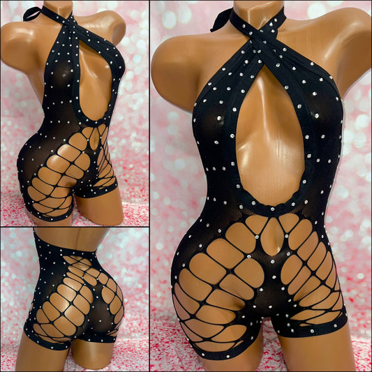 Rhinestone Mesh Romper Black