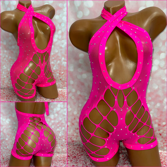 Rhinestone Mesh Romper Pink