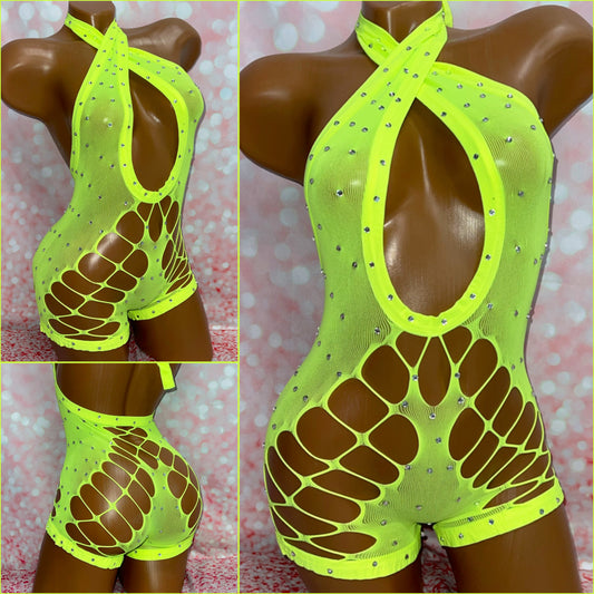 Rhinestone Mesh Romper Neon