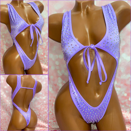 Rhinestone Tie Front Bodysuit Purple