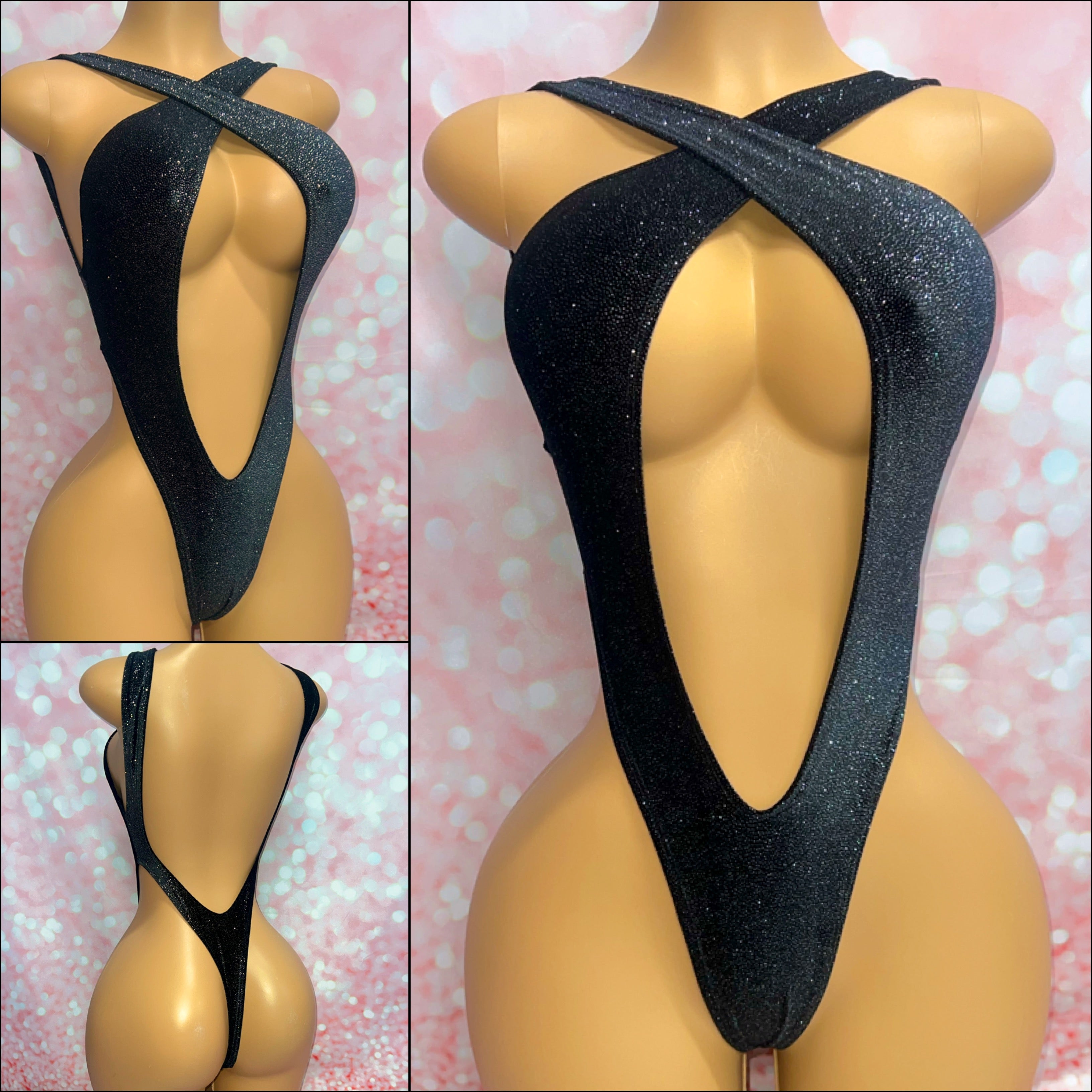 Black Glitter Velvet Cross Over One Piece