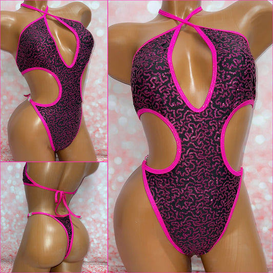 Cerise Sequin Cut Out One Piece