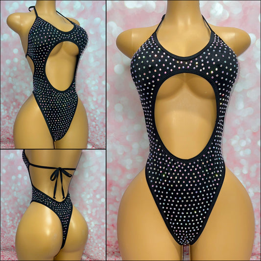 Rhinestone Cut Out Bodysuit Black