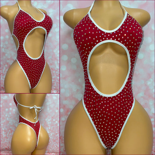 Rhinestone Cut Out Bodysuit Burgundy