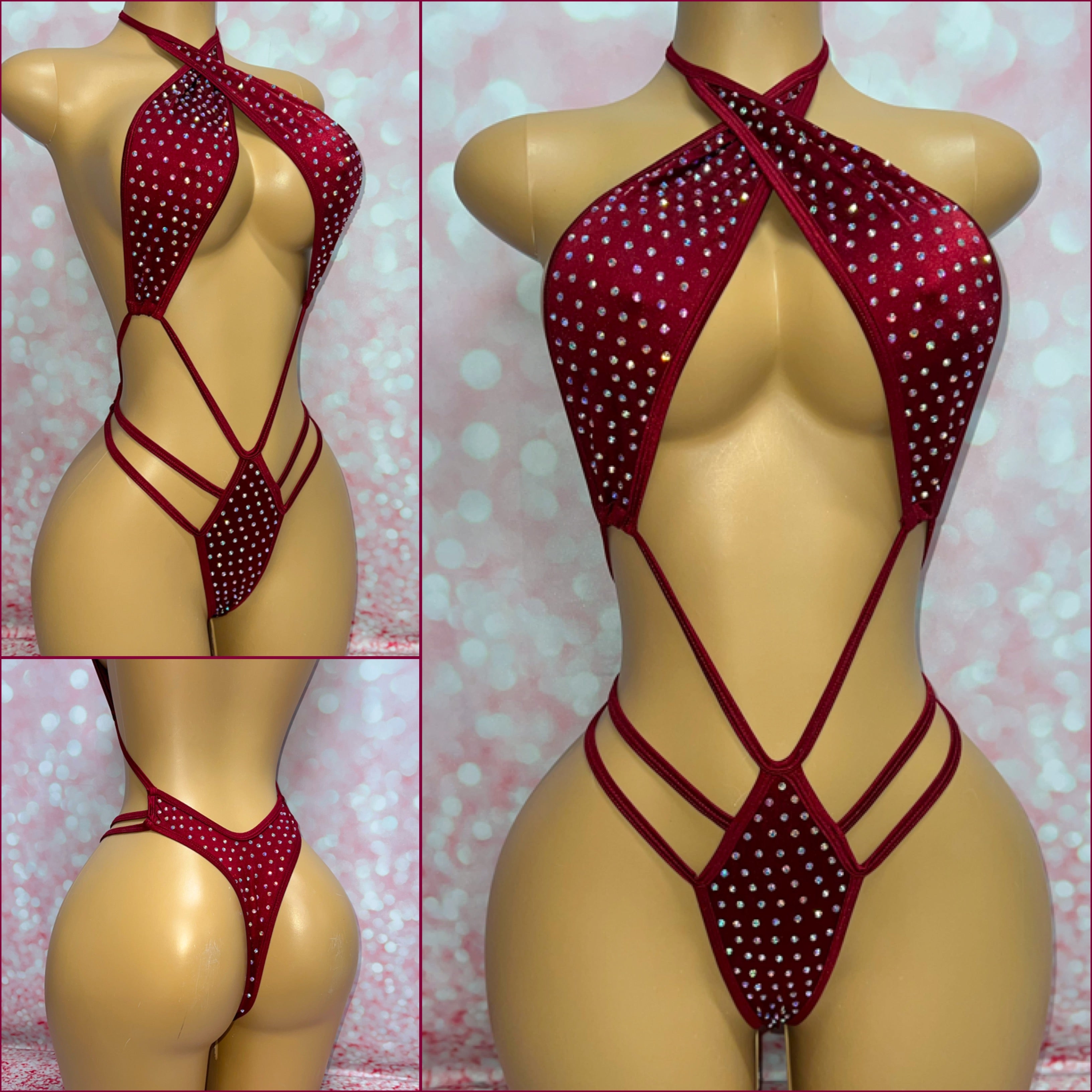 Burgundy Rhinestone Strappy Slingshot