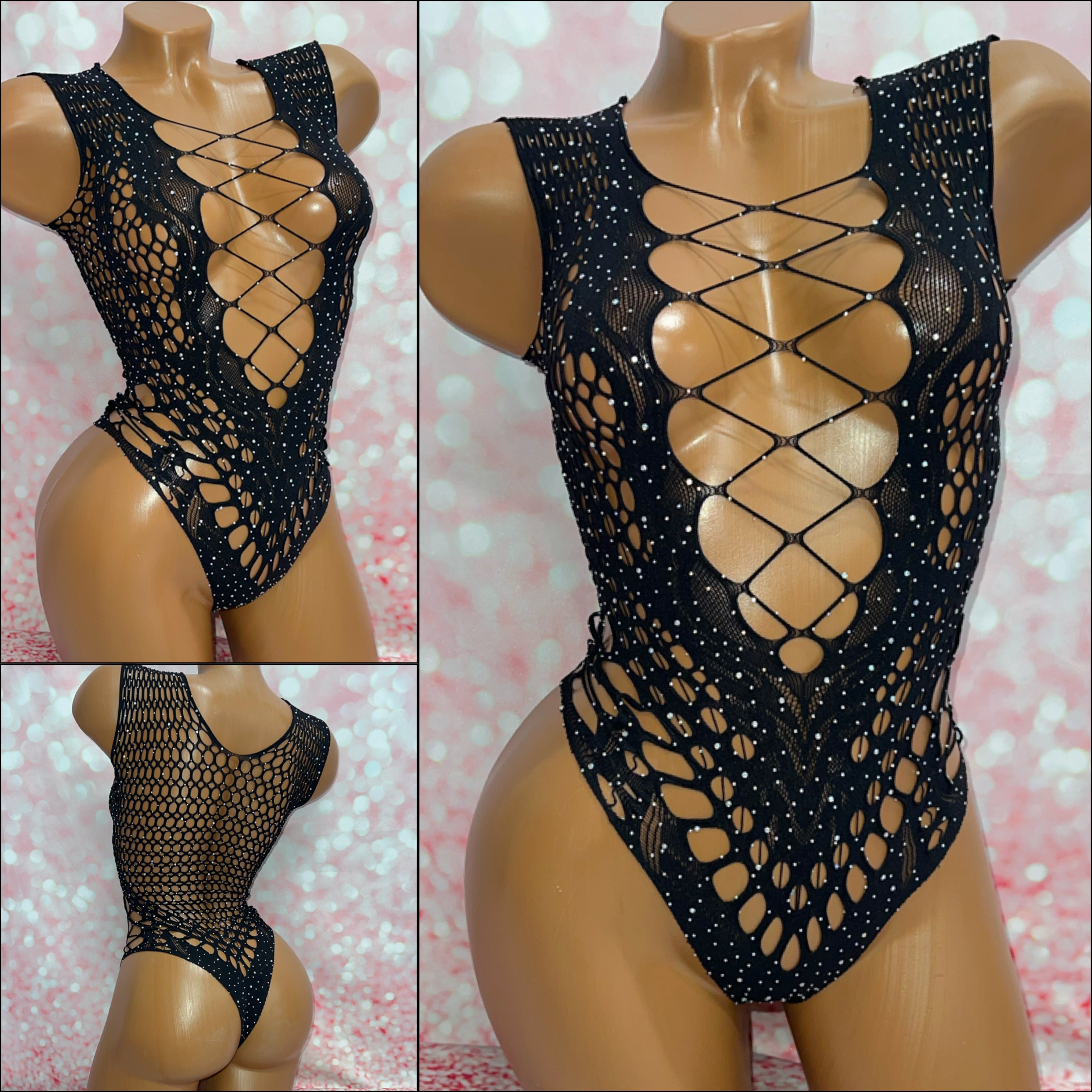 Criss Cross Rhinestone Mesh Bodysuit