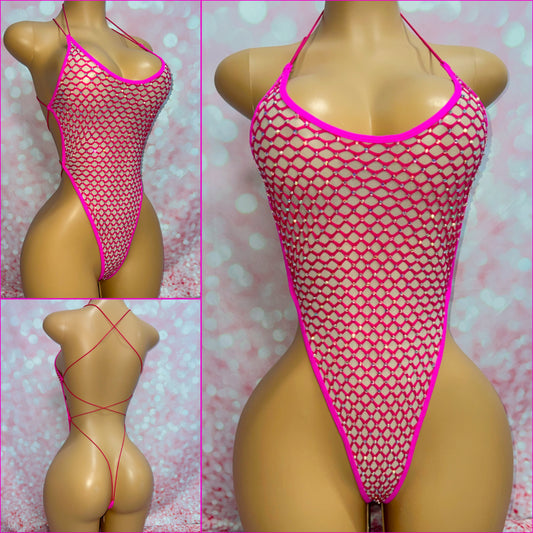 Rhinestone Diamond Mesh One Piece Pink