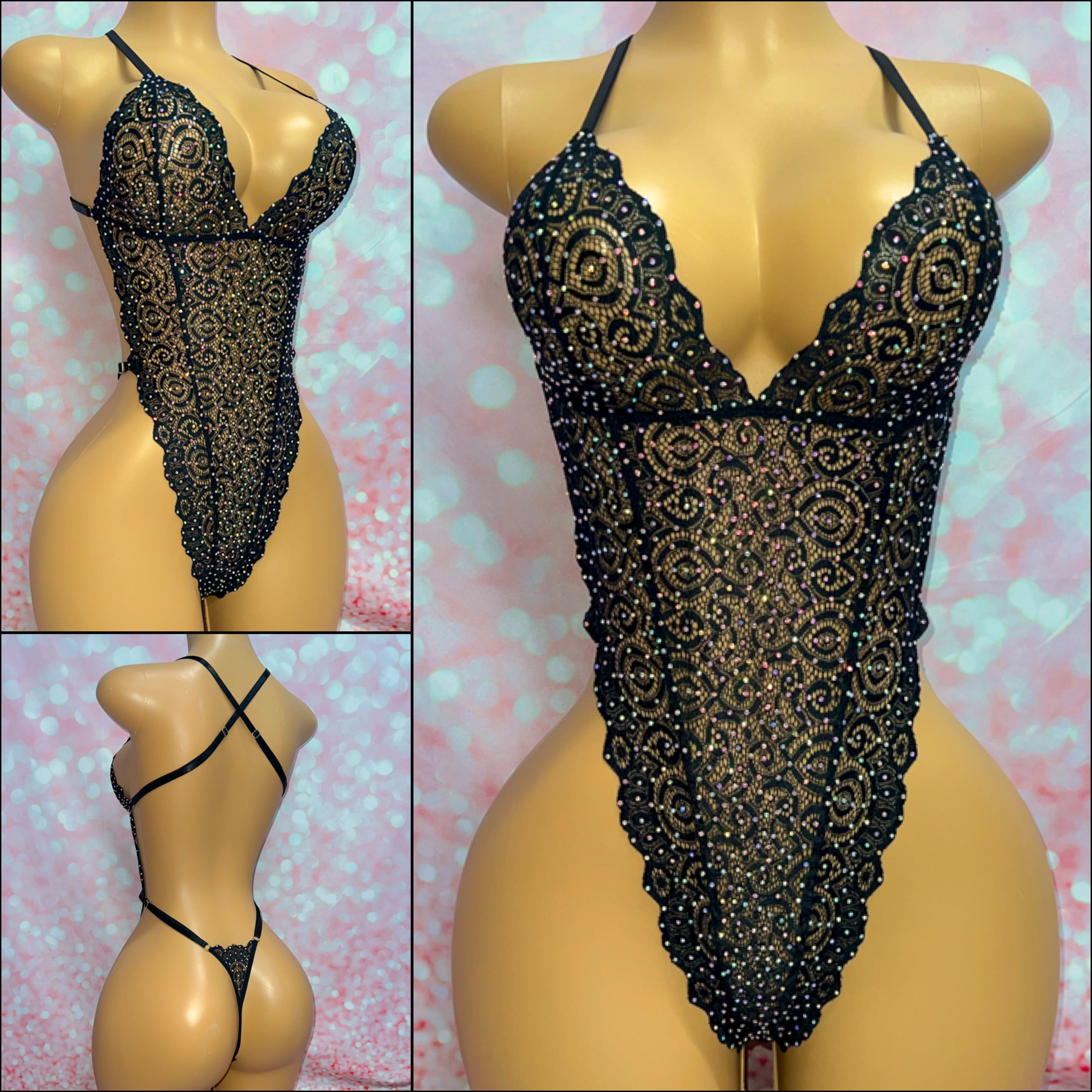 Black Lace Rhinestone Bodysuit