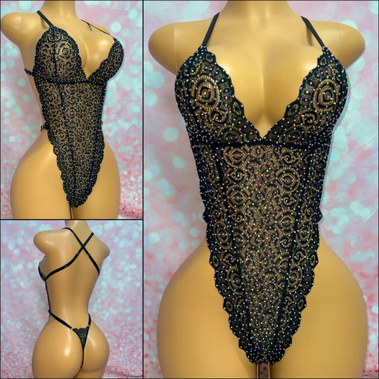 Black Lace Rhinestone Bodysuit