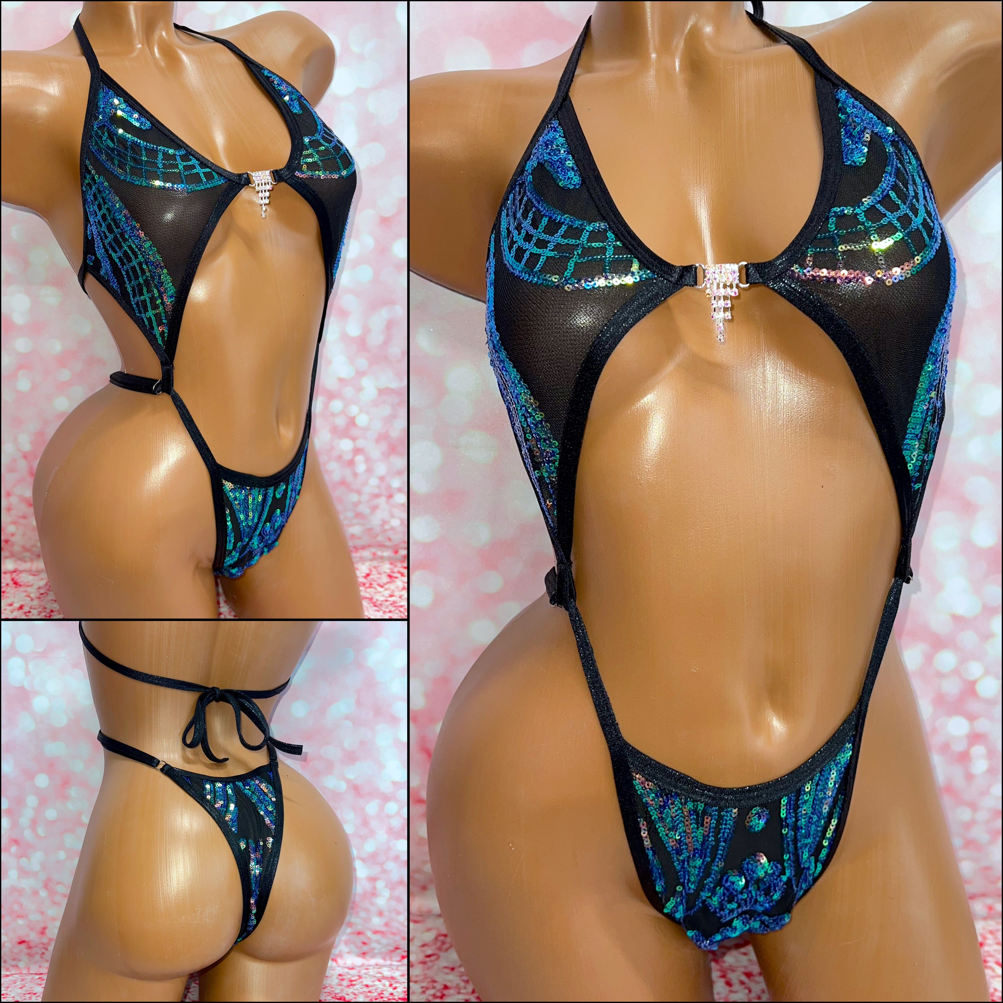 Blue Green Sequin Mesh Diamond Slingshot