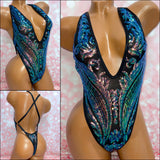 Blue Green Sequin Mesh One Piece