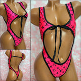 Pink Print Tie Front Bodysuit