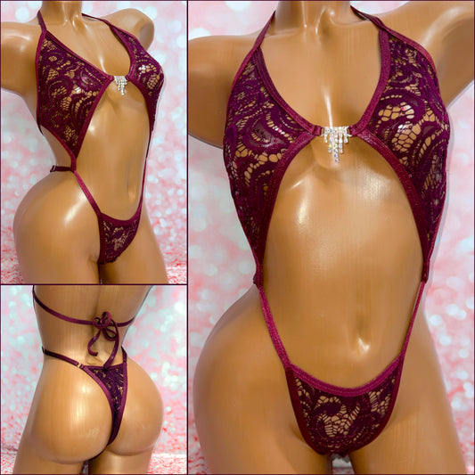 Wine Sequin Lace Diamond Slingshot (Unlined)